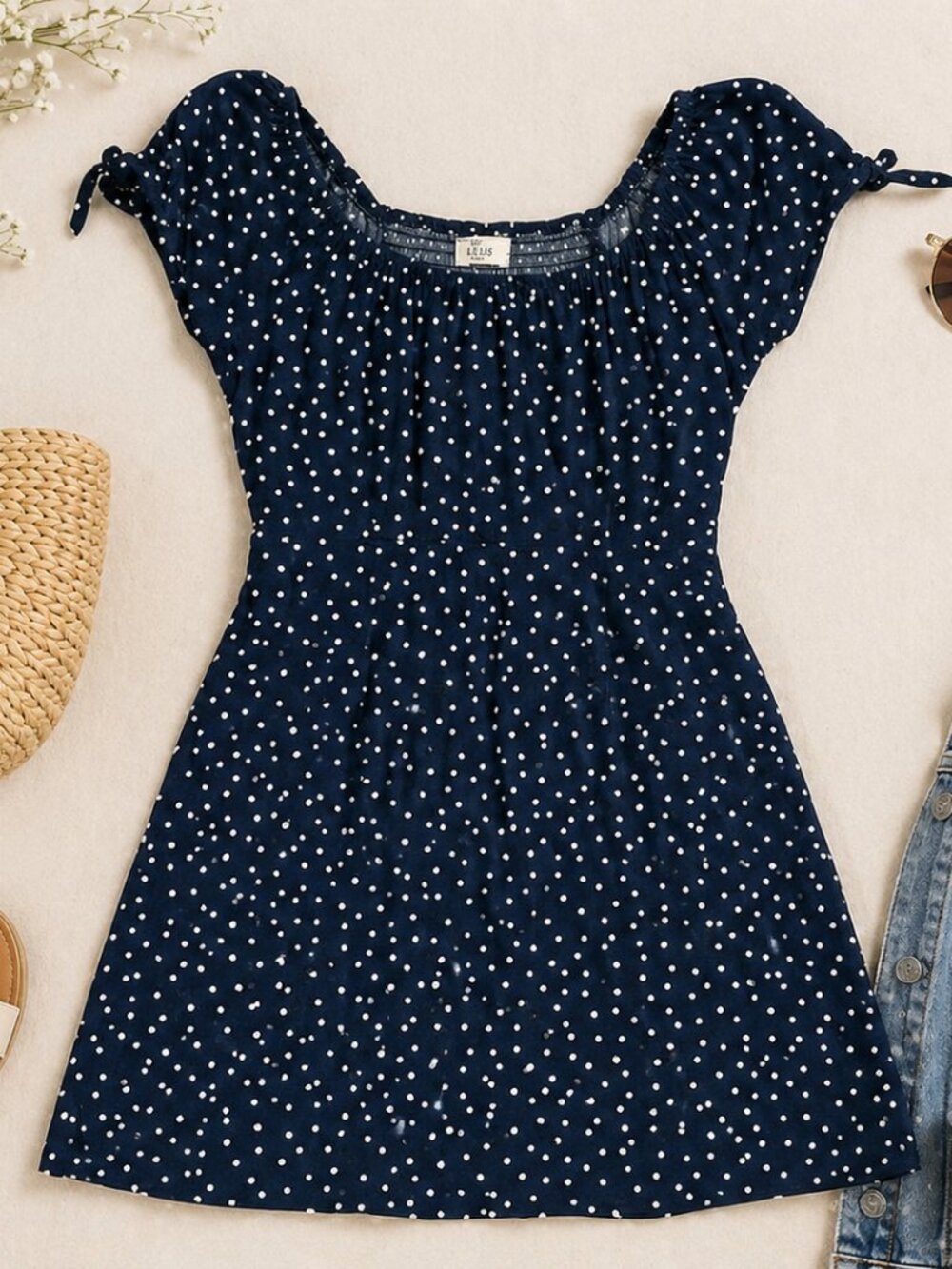 Hollister Navy Polka Dot Mini Dress XS Tie Sleeve Smocked Boho